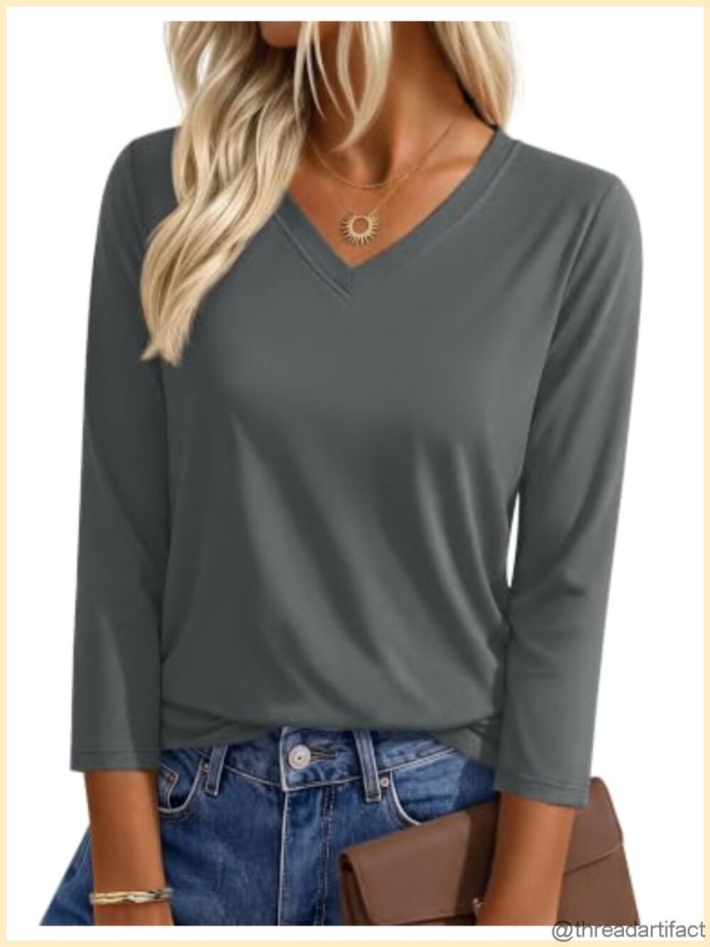 V Neck 3/4 Sleeve Cotton Blend T Shirt Loose Fit Casual Top